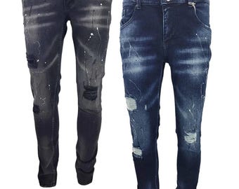 Men's Denim Jeans Slim Fit Stretch Ripped Paint Splatter Distressed Jean Casual Wear