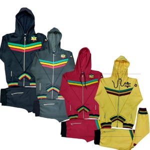 Mens Tracksuit Stripe Rasta Multicolour 2 Piece Set Hoodie & Joggers Zip Pants Gym Wear