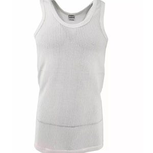 May include: White sleeveless undershirt with a waffle knit texture. The shirt has a round neckline and a small label that reads "Jaytex" on the front.