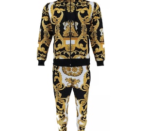 Mens Baroque Print Tracksuit: Urban Hip Hop Jogger Set