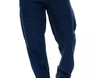 May include: A pair of dark blue denim jeans with a straight leg fit.