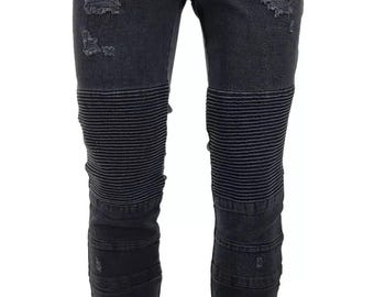 Men's Designer Slim Fit Ripped Jeans Patchwork Biker Denim Trouser Jeans