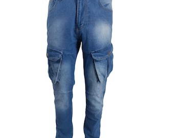 Mens Combat Jeans Straight Leg Utility Pockets Denim Pants For Men Blue 32"- 42"