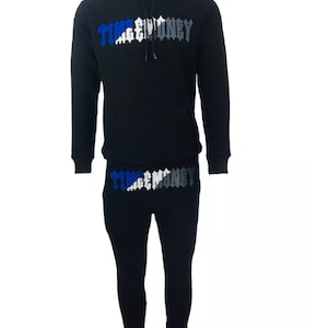 Mens Time Is Money Hooded Tracksuit Fleece Ribbed Cuff Sweatshirts Cotton Jogger Pullover Jogging Bottoms Matching Sweatshirts Sweatpants