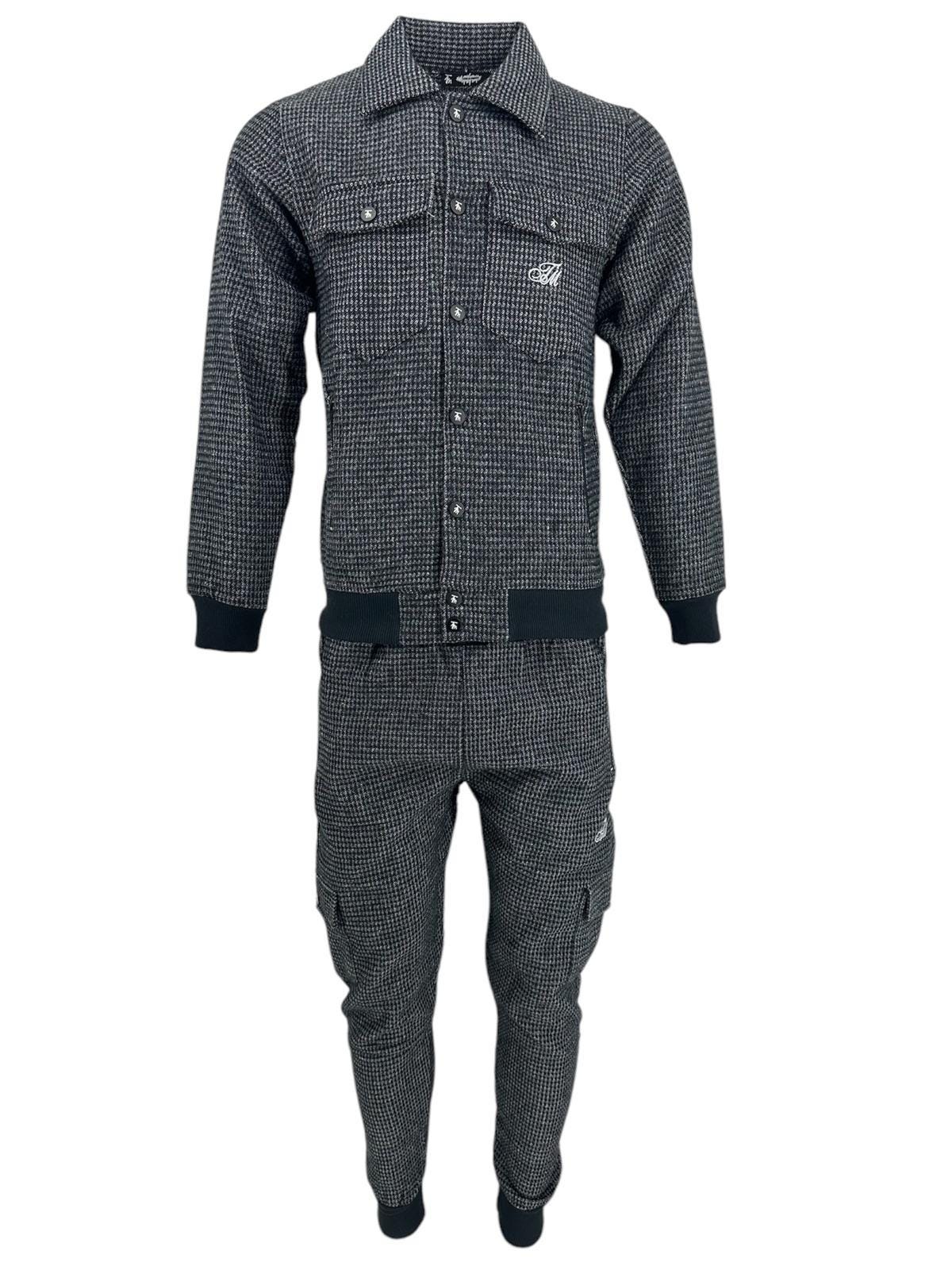 Mens Cotton Blend Tracksuit: Slim Fit Button Shirt & Cargo Joggers