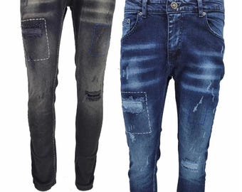 Mens Jeans Patchwork Paint Splatter Distressed Ripped Denim Jean Casual Wear