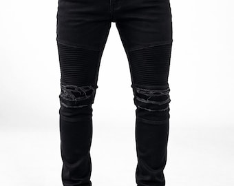 Men Black Slim Fit Stretch Denim Biker Jeans Ripped Zip Fly Streetwear Sizes 30–38
