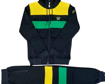 Mens Jamaica Tracksuit Men Slim Fit Urban Zip Up Top & Matching Jogger 2pcs Set