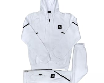 Mens White Tracksuit: Zip Hoodie & Joggers Set, Slim Fit