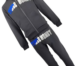 Mens Time is Money Tracksuit Zip up Hooded Ribbed Cuff Sweatshirt