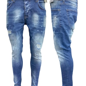 Mens Skinny Ripped Jeans Super Stretch Denim Distressed Blue Slim Fit Jean Casual Wear