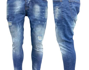 Mens Skinny Ripped Jeans Super Stretch Denim Distressed Blue Slim Fit Jean Casual Wear
