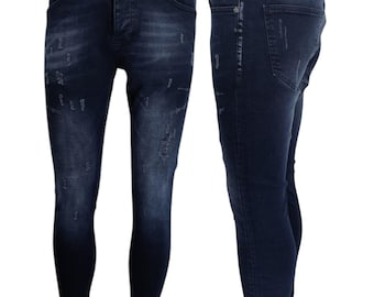 May include: A pair of dark blue distressed skinny jeans with a small logo tag on the back pocket.