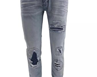 Mens Denim Jeans Ripped Light Blue Stretch Slim Fit Skinny Jean Pants