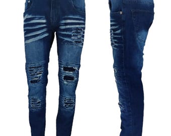 Mens Denim Jeans Frayed Stretch Distressed Ripped Combat Biker Dark Blue