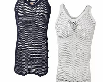 Original Pendeen Mens Premium 100% Cotton Mesh Fishnet String Vest Top V Neck Summer Gym Wear