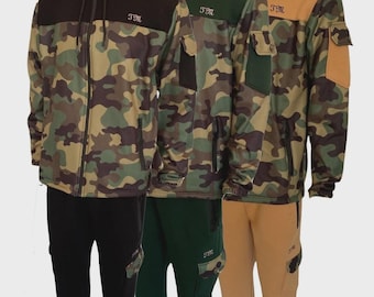 Men’s Camo Time Is Money Tracksuit Set – Hooded Jacket & Cargo Joggers Size M-XL