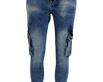 Mens Combat Jeans Straight Leg Utility Pockets Denim Pants For Men Blue 30"- 42"