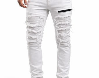 Pantalones vaqueros blancos de hombre, ajustados, rasgados, estilo motero, de mezclilla elástica – Estilo streetwear