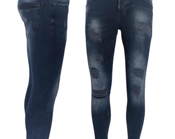 May include: A pair of blue denim jeans with distressed details and a slim fit.