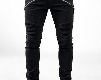 Men Black Slim Fit Stretch Denim Biker Jeans Zip Fly Streetwear Style Sizes 30–38