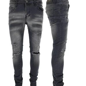 Mens Denim Repair Jeans Black GP Slim Fit Ripped Stretch Distressed Pants Casual Wear
