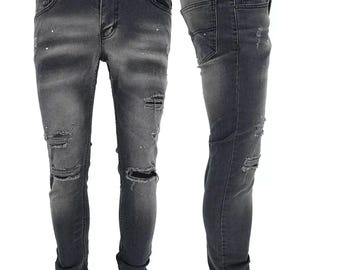 Mens Denim Repair Jeans Black GP Slim Fit Ripped Stretch Distressed Pants Casual Wear