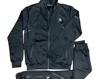 Mens Black Tracksuit: Geometric Hoodie & Joggers Set