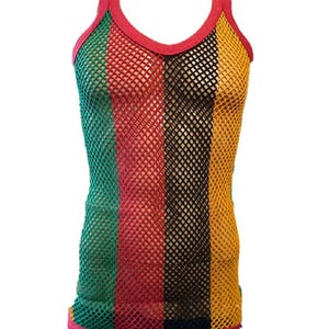 May include: A sleeveless mesh tank top with vertical stripes in green, red, black, and yellow. The neckline and armholes are trimmed with red fabric. The tank top is made of a breathable, open-weave material.