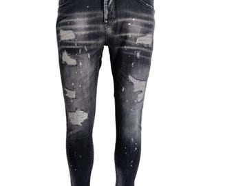 Mens Jeans Black Cotton Slim Fit Denim Comfy Pants Distressed Ripped Tapered Jeans