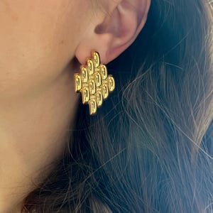 Bold Geometric Gold Statement Earrings – Chunky Retro Stud Earrings – Modern Art Deco Ear Jewelry – Unique Textured Gold Earrings