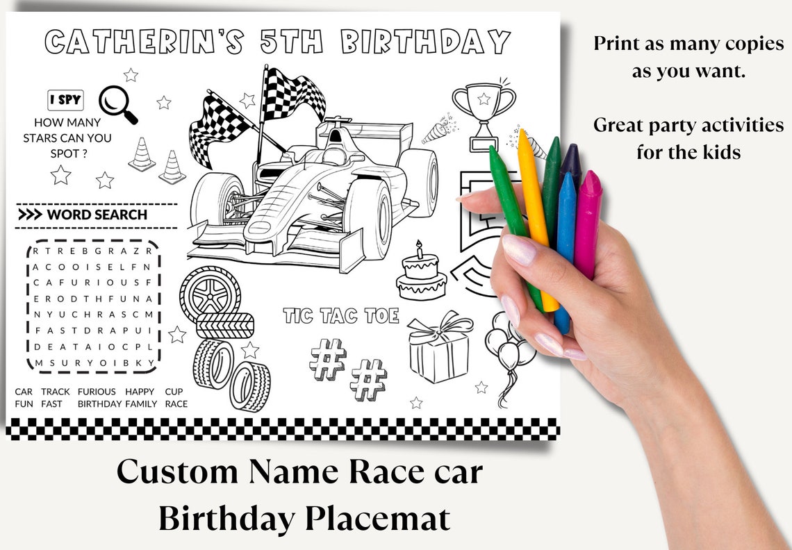 Editable Race Car Coloring Page, Birthday Party Activity Custom Race ...