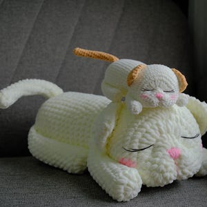 May include: A handmade, off-white crochet dog and puppy plush toy. The larger dog has closed eyes, pink accents on the nose and cheeks, and a curled tail. The smaller puppy rests on top, also with closed eyes and pink accents.