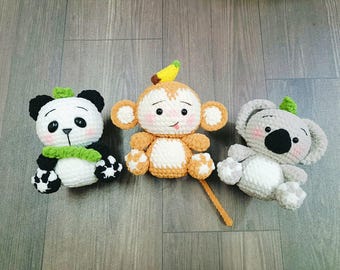 Bundle 3 in 1  Safari Animals Crochet pattern, MonKey, Panda and Koala Stuffed Toy Pattern (US term - English only)