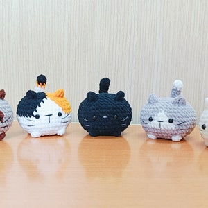 Può includere: Cinque peluche di gatto all'uncinetto in diversi colori, tra cui grigio, bianco, nero e calico. I peluche hanno occhi e baffi ricamati.