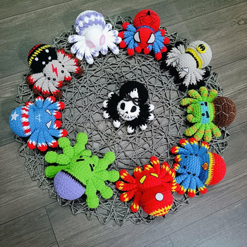 May include: A collection of 10 crocheted octopus plushies in various colors and designs. The octopus plushies are arranged in a circle on a crocheted surface.