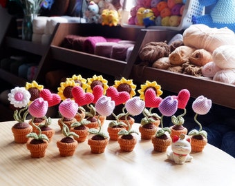 5IN1 Mini Potted Flower Basket Crochet Pattern, Sunflower Tulip Daisy Basket Crochet Pattern, Flowers Basket Pattern