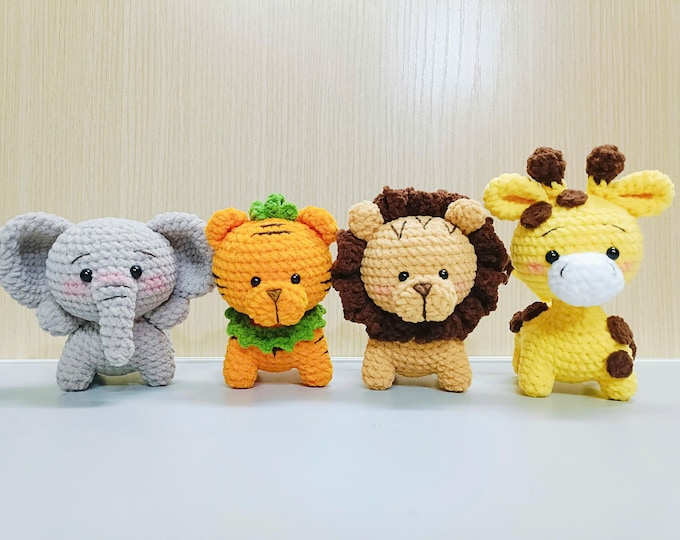 Safari Animals Crochet Pattern: Amigurumi Elephant, Giraffe, Tiger, Lion (US Terms) (Digital Download)