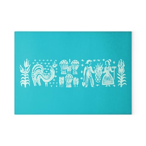 May include: A white rooster, two farmers, and a woman with a basket of produce are depicted in a white silhouette against a turquoise background. The scene is reminiscent of a folk art design.