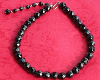 Black Onyx Necklace Faceted Bead Choker 12"