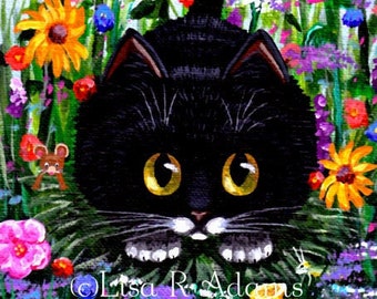 Black White Cat 5x7 Giclee Art Print of Painting Creationarts