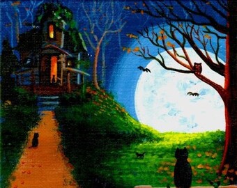 Halloween Decor Haunted House Giclee Art Print 5x7 Creationarts