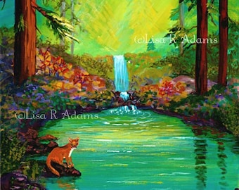 Mountain Lion Eagle Giclee Print of Painting Forest Art Creationarts
