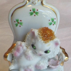 VTG MCM Cat Figurine in Victorian Chair Orange Ginger White Mid Century