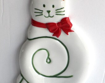 Vintage Christmas Cat Trinket Ring Dish Spoon Rest 5" By Current, Inc.