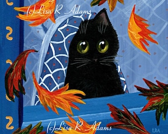 Fall Black Cat Art Giclee Print of Painting Creationarts