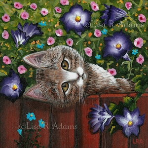 Tabby Cat Art Giclee Print Of Painting Creationarts Flowers