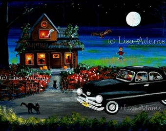 Halloween Art Cats Old Car 5x7 Giclee Print Creationarts