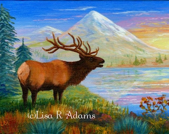 Wildlife Art Wapiti Elk Print 5x7  Creationarts Mountain Landscape