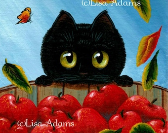 Black Cat Art Giclee Print of Original Painting Creationarts 6x6 Fall Apples